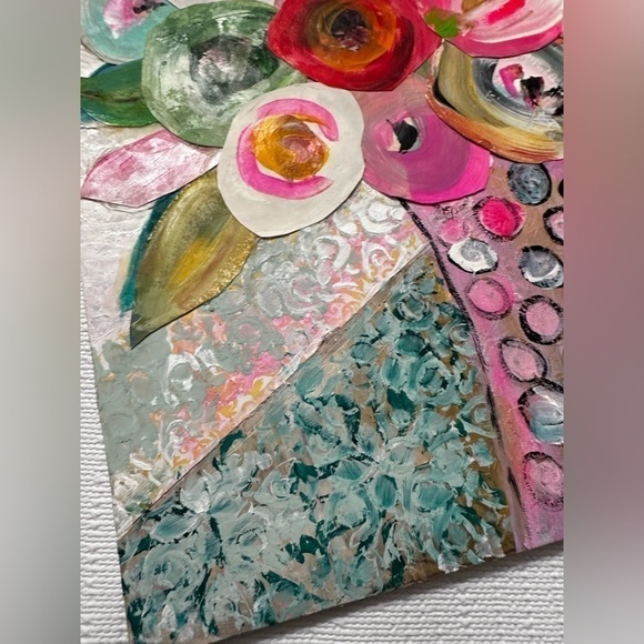 Original Art Painting Mixed Media Acrylic Collage on Canvas Board Pink Floral - Picture 4 of 8